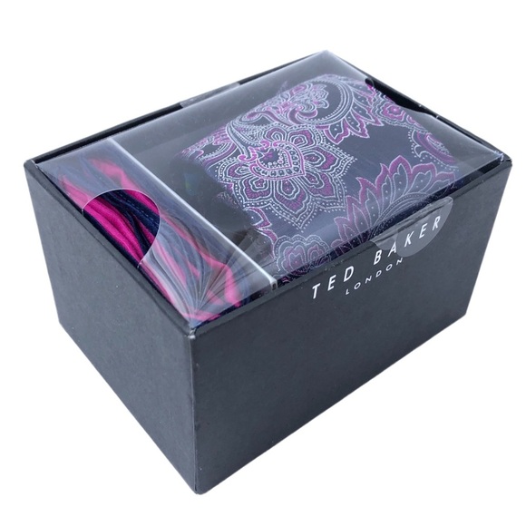 Men’s Ted Baker Blue Purple Paisley Embroidered Flower Tie + Pocket Square Set